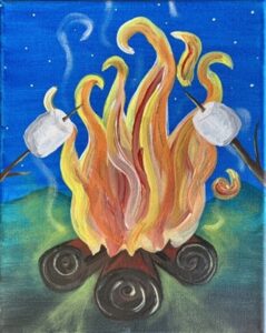 Artistic depiction of a campfire with marshmallows on skewers against a nighttime sky.