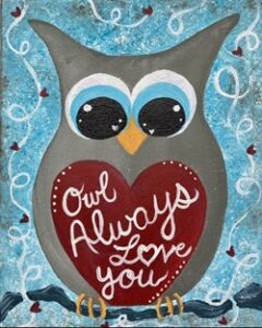 Stylized owl with a red heart on its chest against a blue textured background with white swirls.