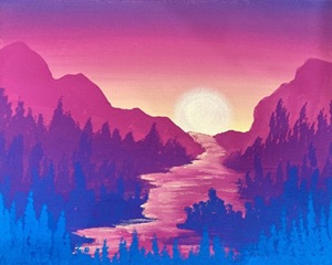 A colorful landscape painting of a sunset over a river flanked by silhouetted trees and mountains.