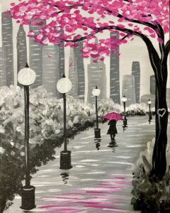 Painting of a city scene with pink blossoms.